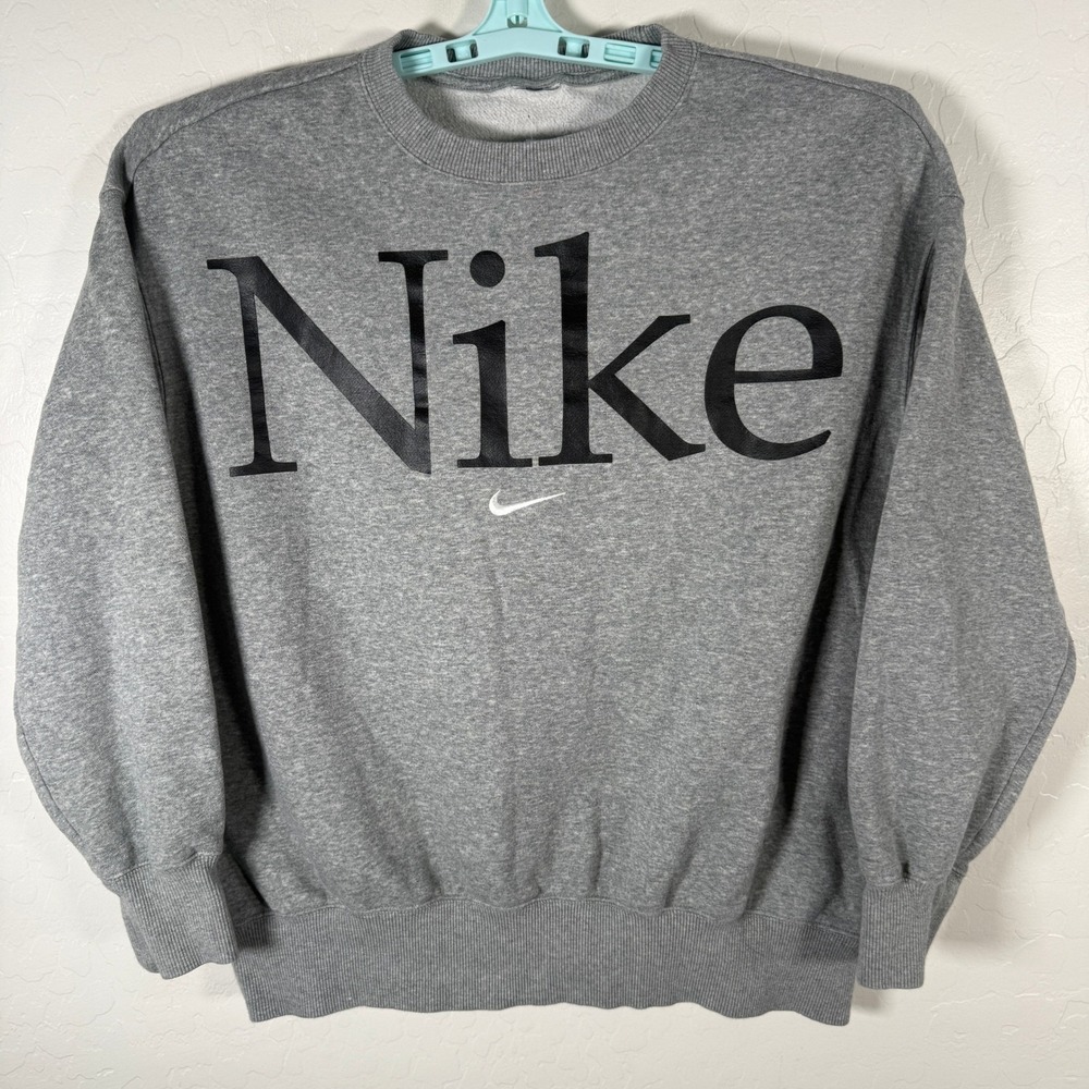Nike Sweatshirt Mens Medium Gray Graphic Spellout Fleece Pullover Swoosh